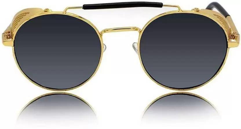 UV Protection Round Sunglasses (Free Size) (For Men & Women, Black, Golden)